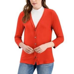 Fever Orange Ribbed Knit 3/4 Sleeve Button Front Cardigan Shirt Womens XS New
